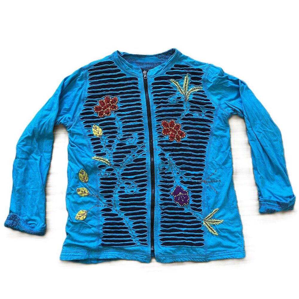 Rising International Zip Up Cardigan Jacket Reversible Blue Razorcut Applique XL